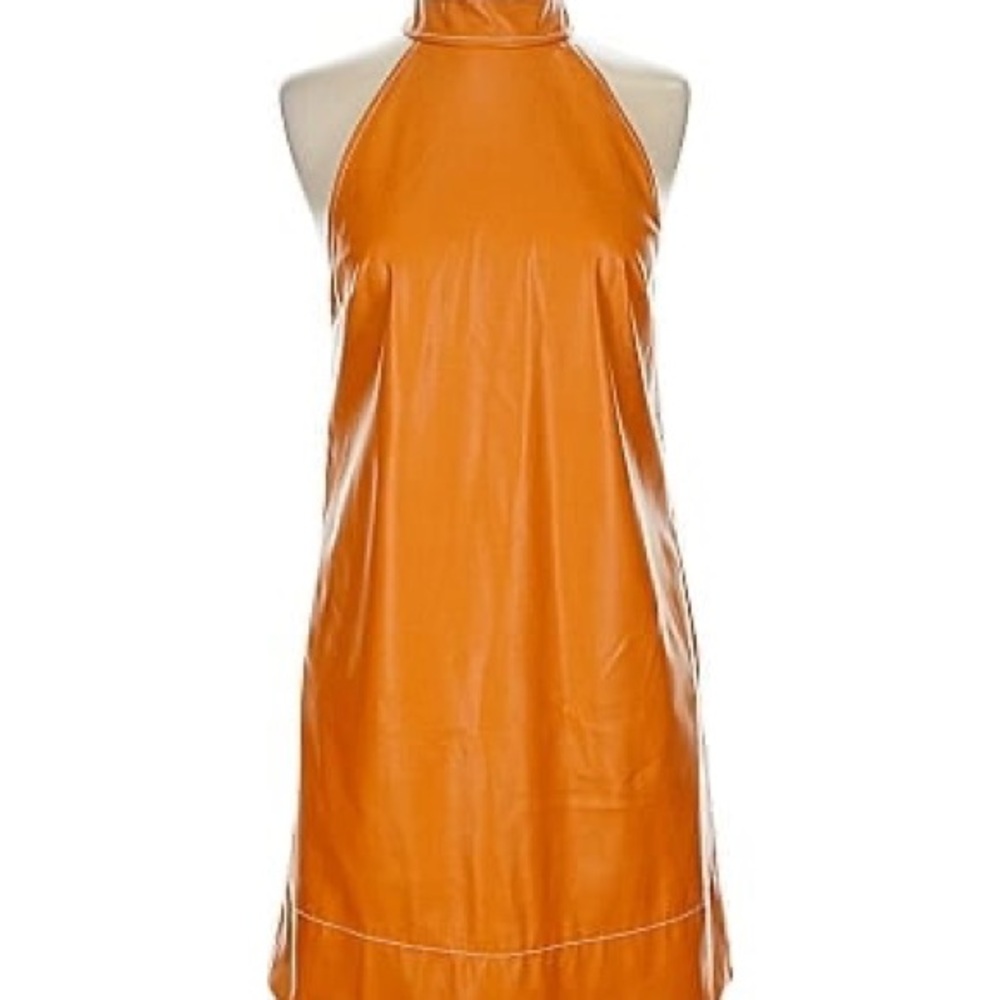 STAUD Orange Vegan Leather Mini Halter Dress